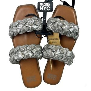 MADDEN NYC Women’s Silver Rhinestone Braided Slip On Sandals Various Sizes NWT